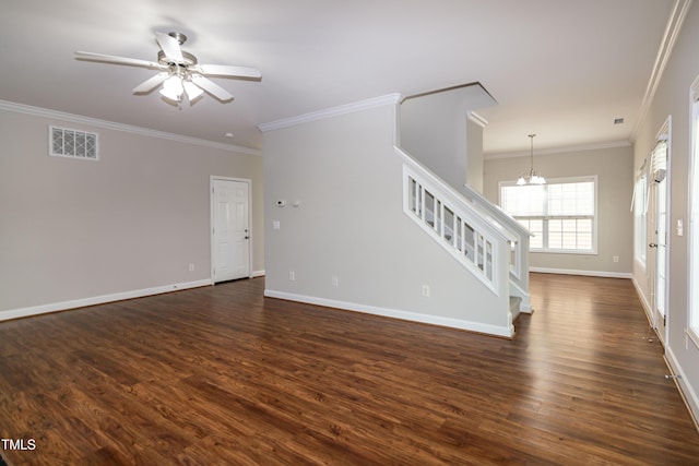 104 Mainline Station Dr, Durham, NC 27560 - unfurnished living room featuring stairway, dark wood-type flooring, ornamental molding, ceiling fan, and a chandelier