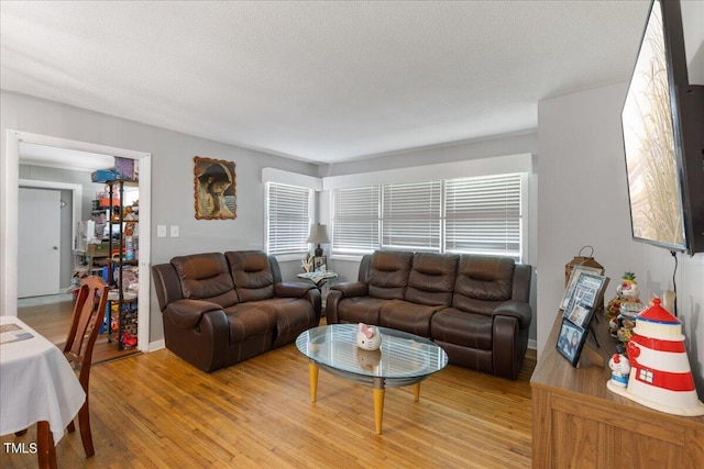 living room with a wealth of natural light, light hardwood / wood-style floors, and a textured ceiling