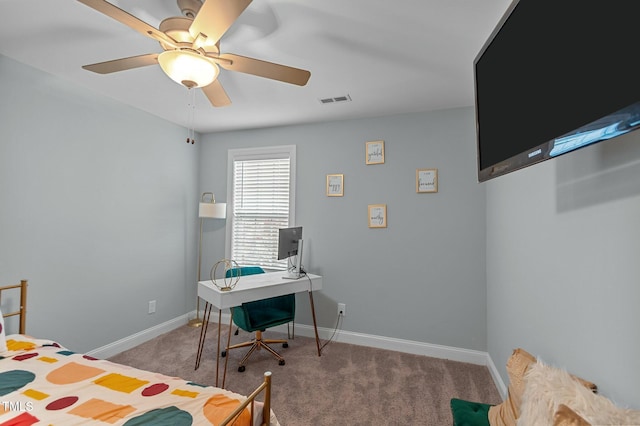 carpeted bedroom with ceiling fan