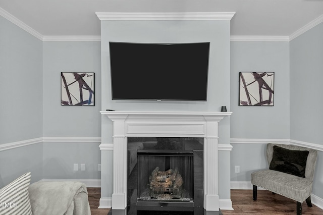 interior space featuring ornamental molding, a fireplace, and hardwood / wood-style floors