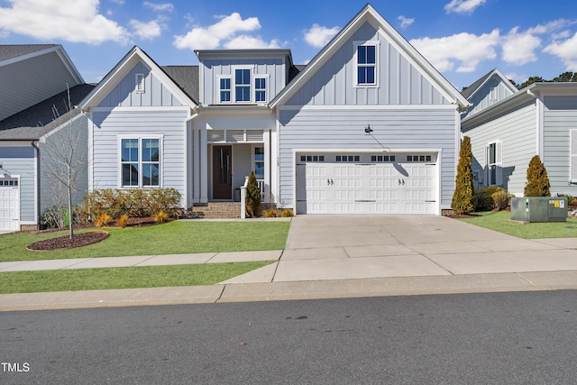 view of front of house featuring board and batten siding, driveway, a front yard, and central AC