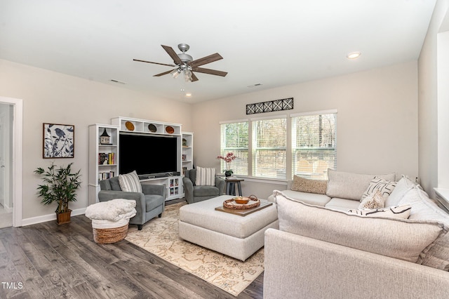 living room featuring recessed lighting, visible vents, ceiling fan, wood finished floors, and baseboards