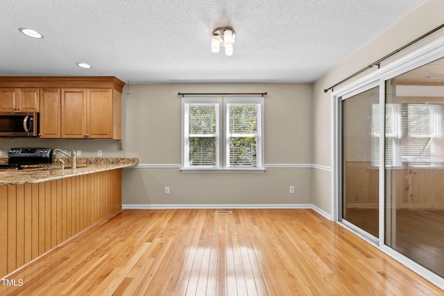276 Sagamore Dr, Louisburg, NC 27549 - kitchen with light wood-style flooring, stainless steel microwave, light stone countertops, a sink, and range with electric stovetop