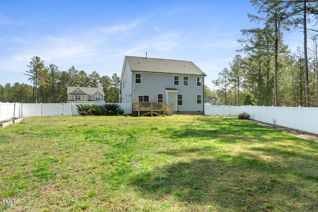 220 Green Haven Blvd, Youngsville, NC 27596 - rear view of property with a fenced backyard, crawl space, a wooden deck, and a yard