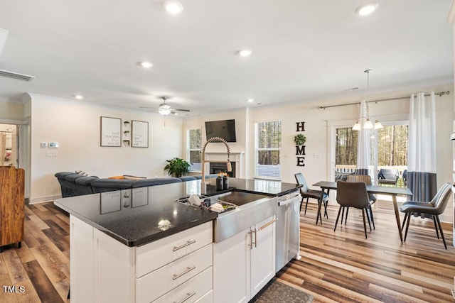 220 Green Haven Blvd, Youngsville, NC 27596 - kitchen featuring a warm lit fireplace, stainless steel dishwasher, visible vents, dark countertops, and ceiling fan
