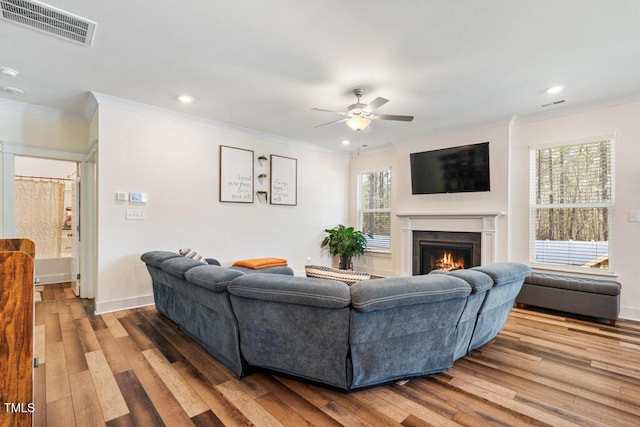 220 Green Haven Blvd, Youngsville, NC 27596 - living area featuring a lit fireplace, ceiling fan, visible vents, and wood finished floors