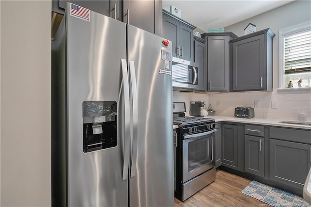 kitchen with sink, light wood-type flooring, gray cabinets, stainless steel appliances, and decorative backsplash