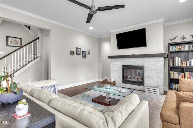 208 Cecelia Ct, Cary, NC 27519 - living room with a ceiling fan, crown molding, recessed lighting, stairway, and baseboards