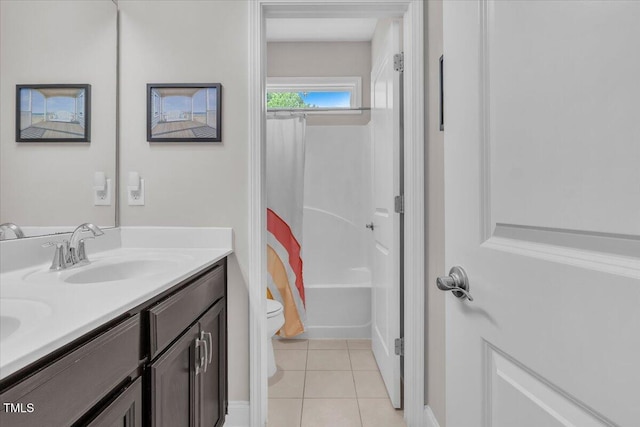 208 Cecelia Ct, Cary, NC 27519 - bathroom featuring toilet, double vanity, tile patterned floors, and shower / bathtub combination with curtain