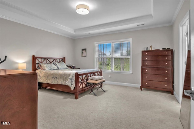 208 Cecelia Ct, Cary, NC 27519 - bedroom featuring a raised ceiling, ornamental molding, light colored carpet, and baseboards