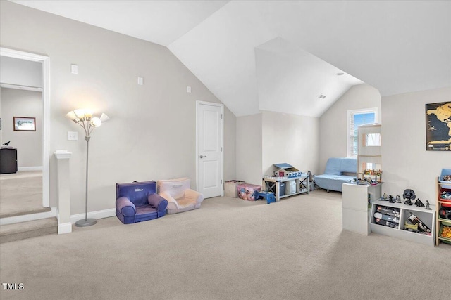 208 Cecelia Ct, Cary, NC 27519 - playroom featuring carpet floors, lofted ceiling, and baseboards