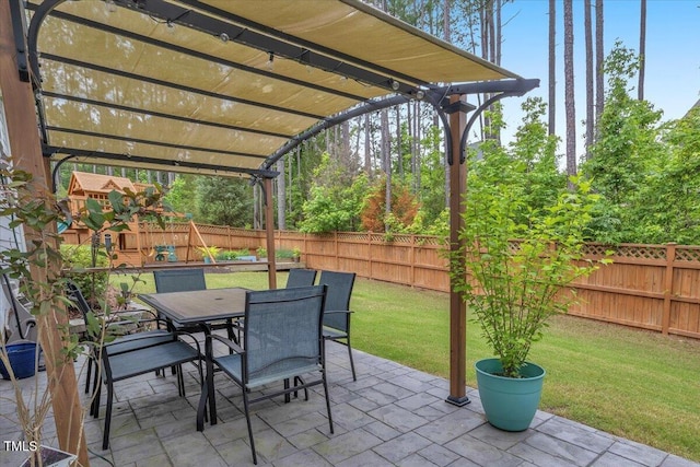 208 Cecelia Ct, Cary, NC 27519 - view of patio with outdoor dining space, a pergola, and a playground