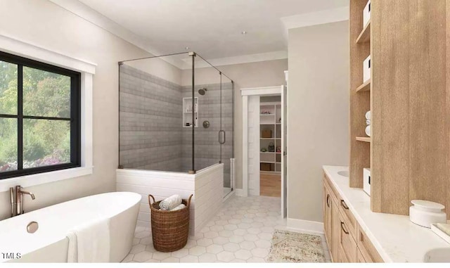 bathroom with independent shower and bath, vanity, and ornamental molding