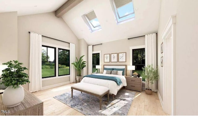 bedroom with a skylight, high vaulted ceiling, beamed ceiling, and light wood-type flooring