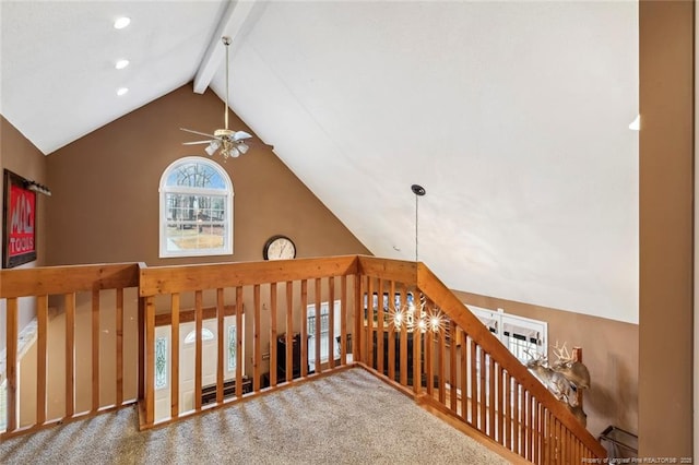 additional living space featuring ceiling fan, high vaulted ceiling, carpet flooring, and beam ceiling