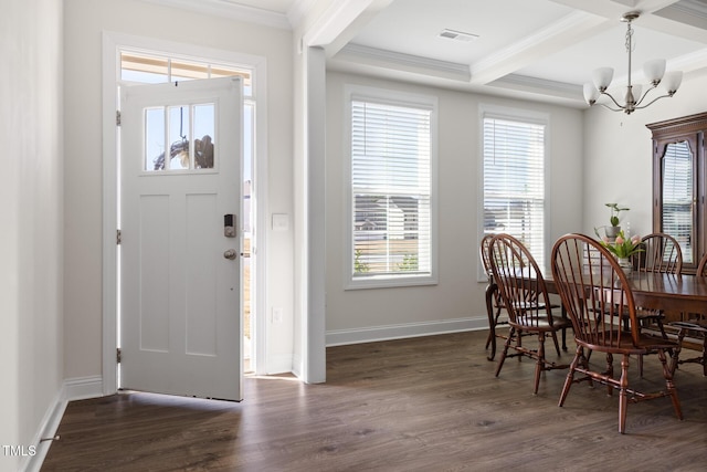 entryway with beam ceiling, visible vents, a chandelier, and dark wood-style flooring