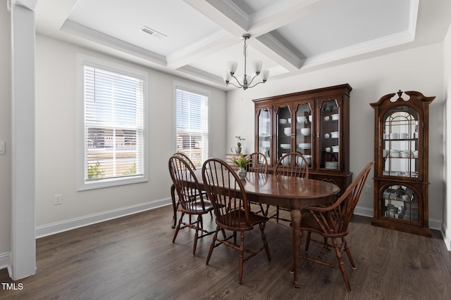 dining room featuring dark wood-style flooring, an inviting chandelier, coffered ceiling, beamed ceiling, and baseboards