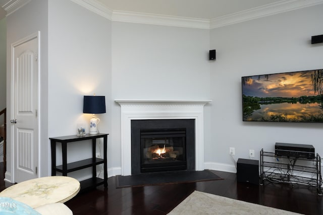 living area featuring a fireplace with flush hearth, wood finished floors, baseboards, and ornamental molding