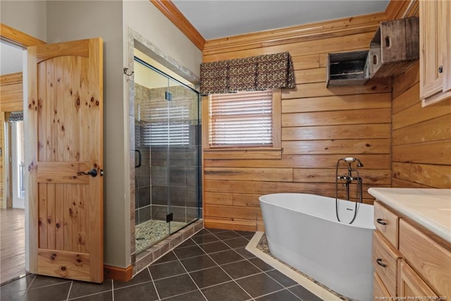 526 Grimble Dr, Linden, NC 28356 - bathroom with tile patterned flooring, vanity, plus walk in shower, and wood walls