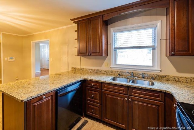 kitchen featuring dishwasher, sink, light stone counters, kitchen peninsula, and crown molding