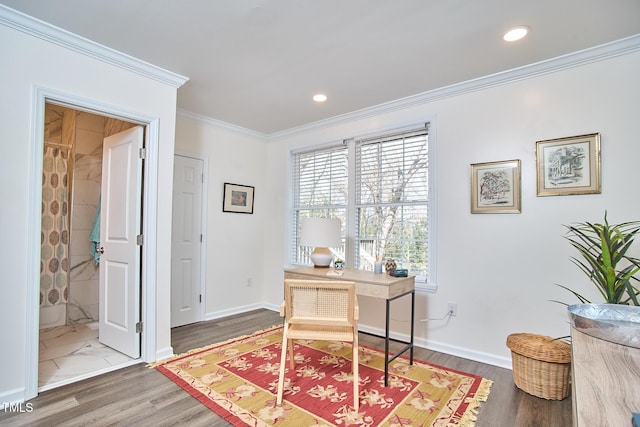 home office featuring hardwood / wood-style floors and crown molding