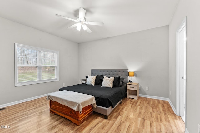 bedroom featuring light wood-style floors, ceiling fan, visible vents, and baseboards