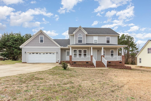 colonial home with covered porch, a shingled roof, concrete driveway, crawl space, and a front yard