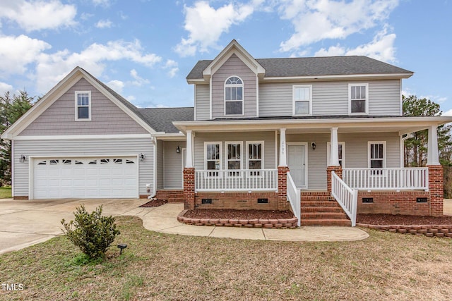 view of front of home with a porch, a shingled roof, concrete driveway, crawl space, and a garage