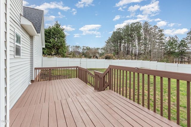 deck featuring a fenced backyard and a lawn