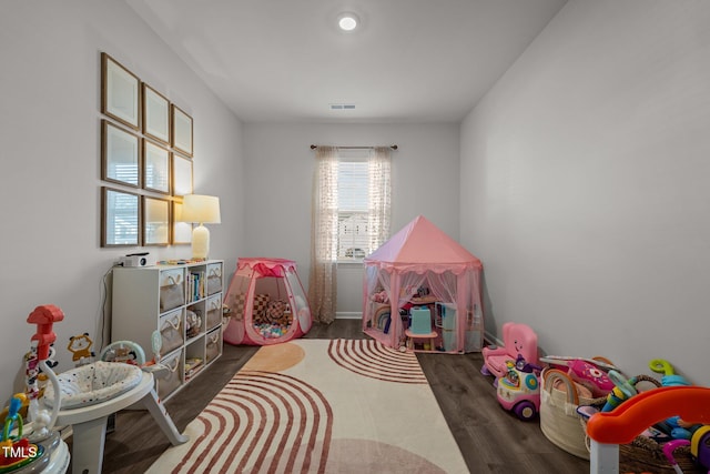 playroom featuring dark wood-type flooring