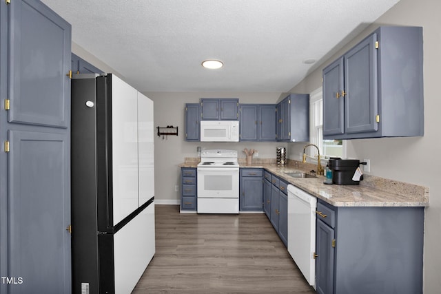 kitchen featuring blue cabinetry, wood finished floors, white appliances, a textured ceiling, and a sink