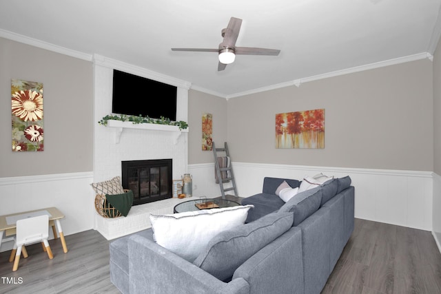 living room with a wainscoted wall, wood finished floors, and a fireplace