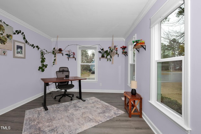 home office featuring baseboards, dark wood-type flooring, and ornamental molding