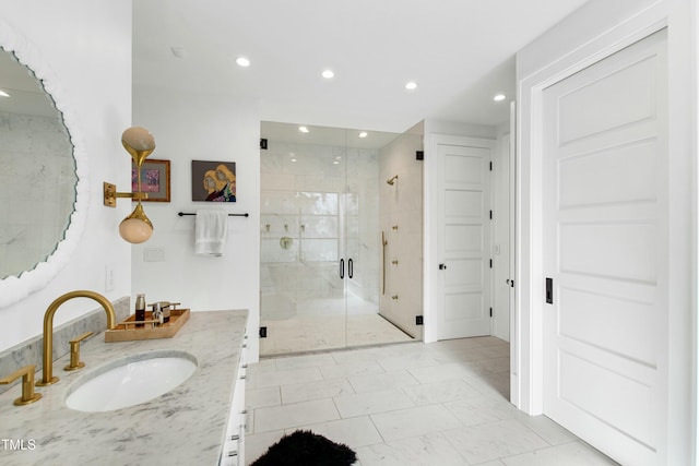 full bath with recessed lighting, a shower stall, and vanity