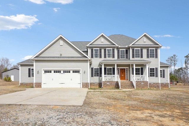 view of front facade featuring a shingled roof, concrete driveway, an attached garage, crawl space, and a porch