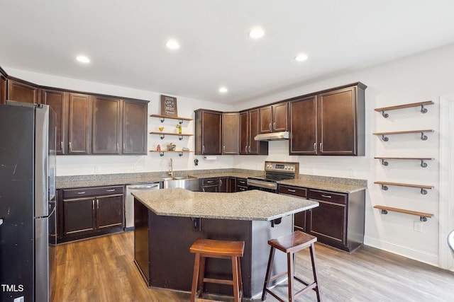 kitchen with dark brown cabinetry, under cabinet range hood, stainless steel appliances, a sink, and open shelves