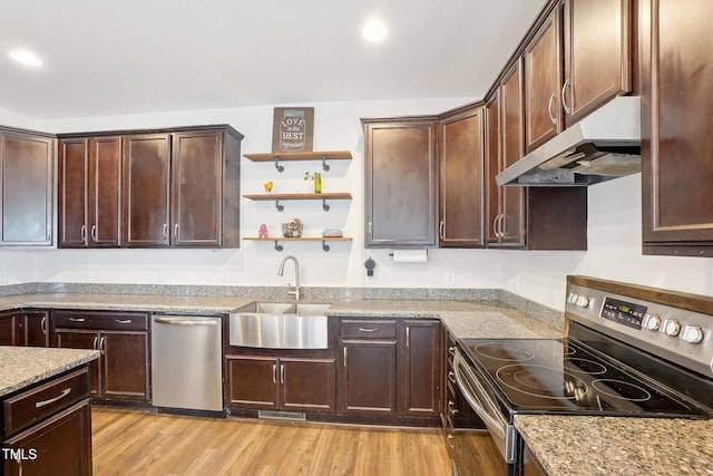 kitchen with dark brown cabinetry, under cabinet range hood, stainless steel appliances, a sink, and light wood finished floors