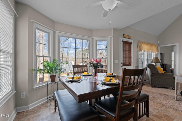 dining space with vaulted ceiling, ceiling fan, and a textured ceiling