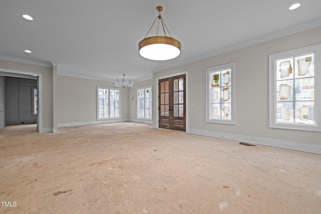 unfurnished living room featuring baseboards, visible vents, crown molding, a notable chandelier, and recessed lighting