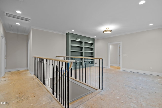 corridor featuring crown molding, recessed lighting, visible vents, attic access, and baseboards