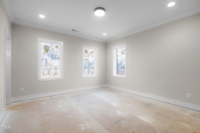 unfurnished room featuring baseboards, recessed lighting, visible vents, and crown molding