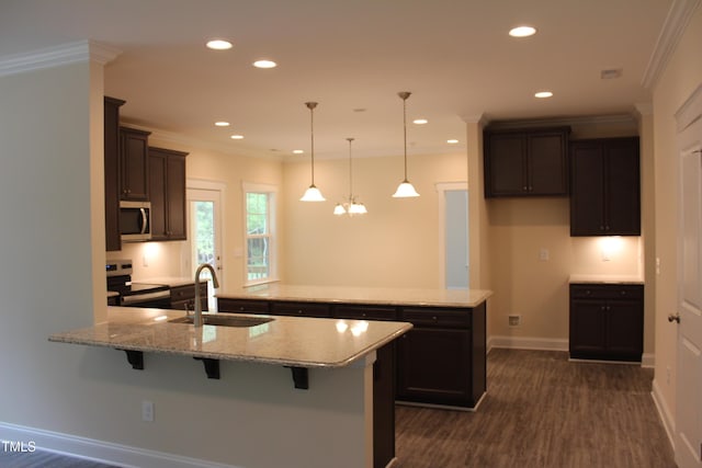 kitchen featuring hanging light fixtures, ornamental molding, kitchen peninsula, stainless steel appliances, and light stone countertops