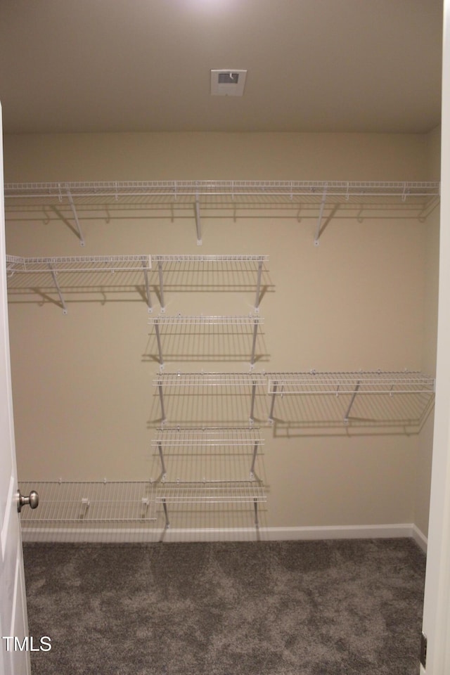 spacious closet featuring dark colored carpet