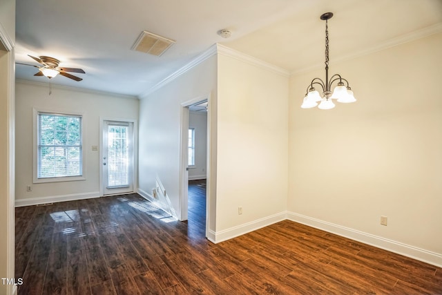 unfurnished room featuring crown molding, baseboards, visible vents, ceiling fan with notable chandelier, and dark wood-type flooring