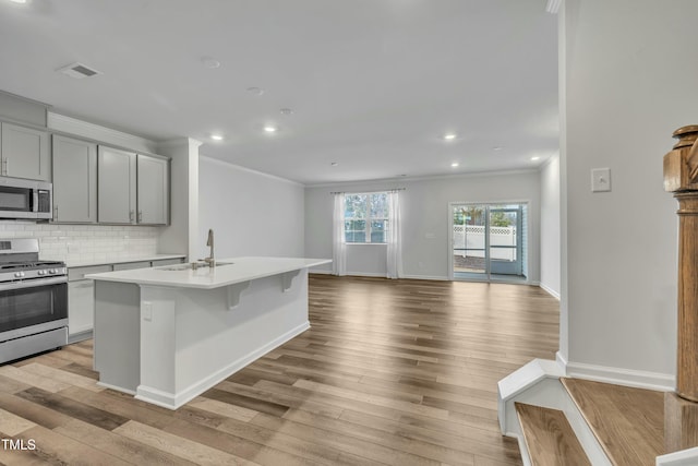 kitchen with appliances with stainless steel finishes, sink, backsplash, gray cabinetry, and a kitchen island with sink