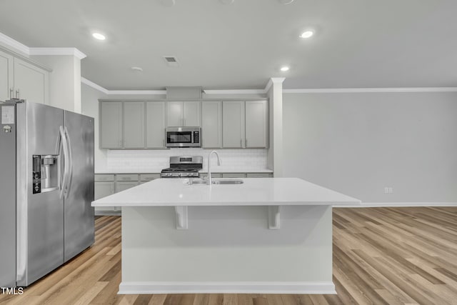 kitchen featuring a kitchen island with sink, sink, backsplash, gray cabinets, and appliances with stainless steel finishes