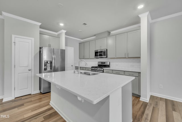 kitchen featuring appliances with stainless steel finishes, an island with sink, decorative backsplash, gray cabinets, and sink