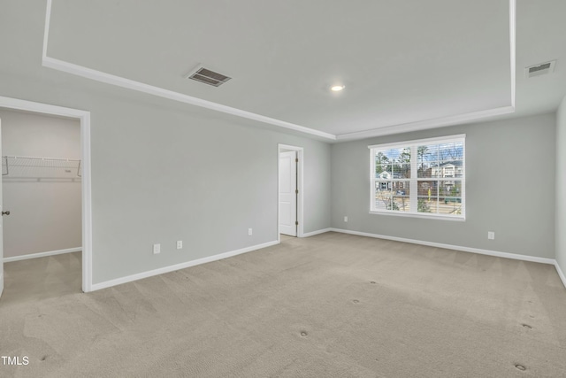 unfurnished bedroom featuring light carpet, a closet, a tray ceiling, and a spacious closet