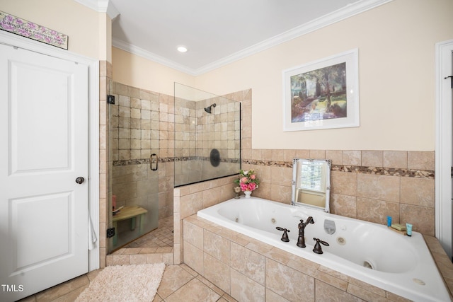 full bath with a jetted tub, a stall shower, tile patterned flooring, and ornamental molding