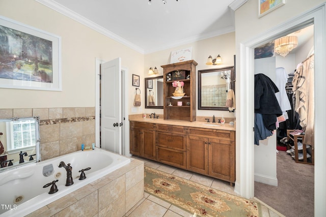 full bath featuring a whirlpool tub, tile patterned flooring, a sink, and crown molding